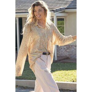Life's a Party Sequin Button-Up Shirt in Gold Beige
